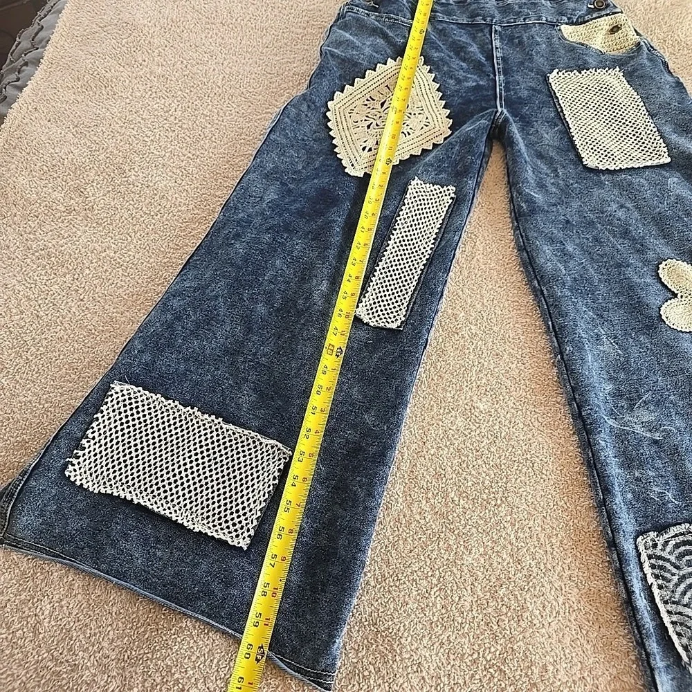 POL Denim Dark Wash Overalls Wide Leg Crochet Patchwork Size S NWT Boho - Picture 16 of 16